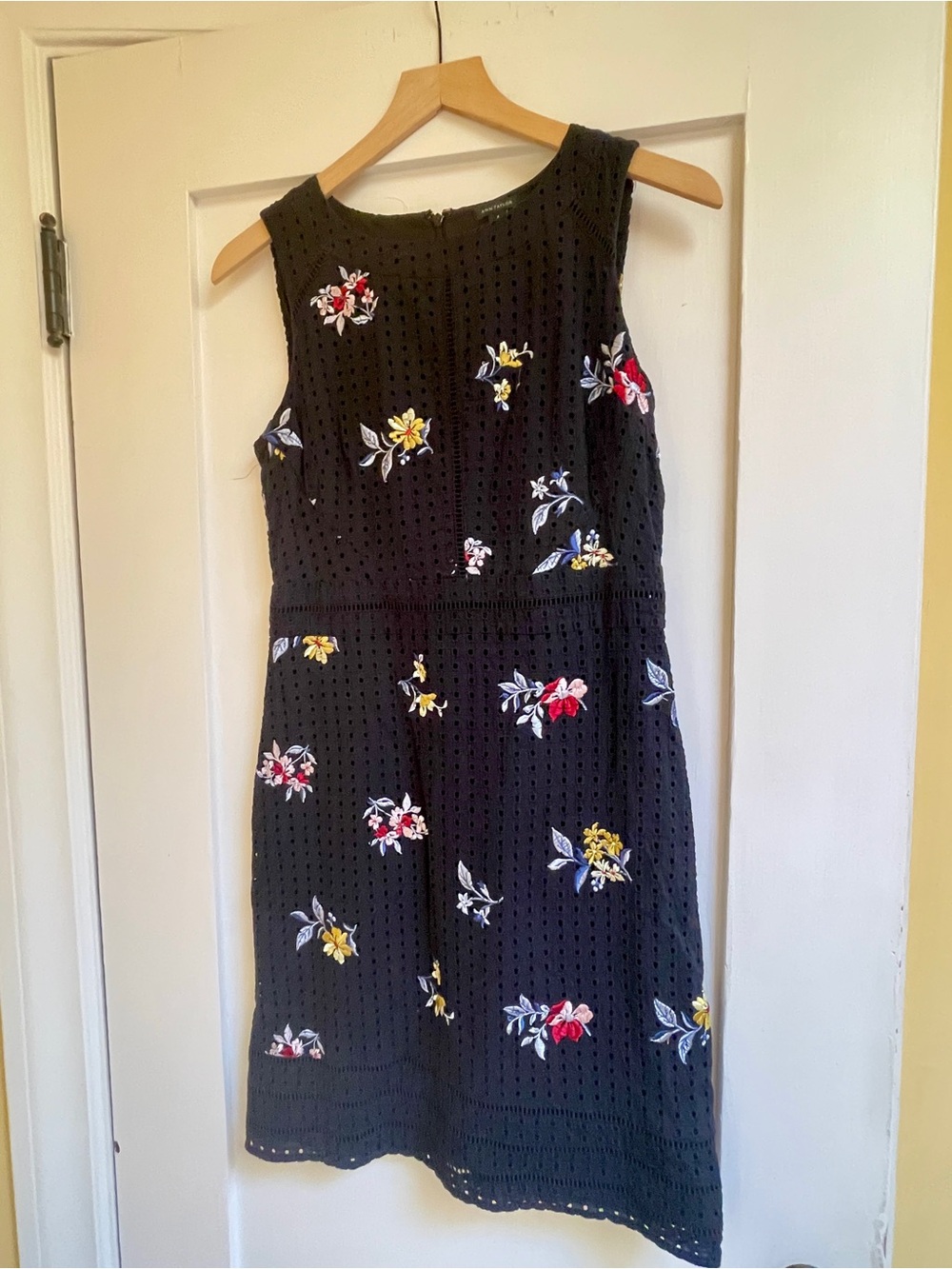 Ann Taylor Black Eyelet Mini Dress with Red & Yellow Floral Embroidery